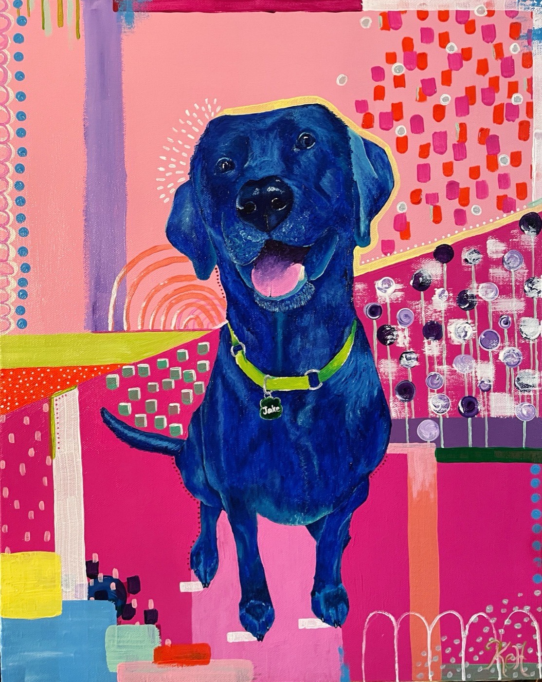 Painting of a blue Labrador on a bright pink patterned background