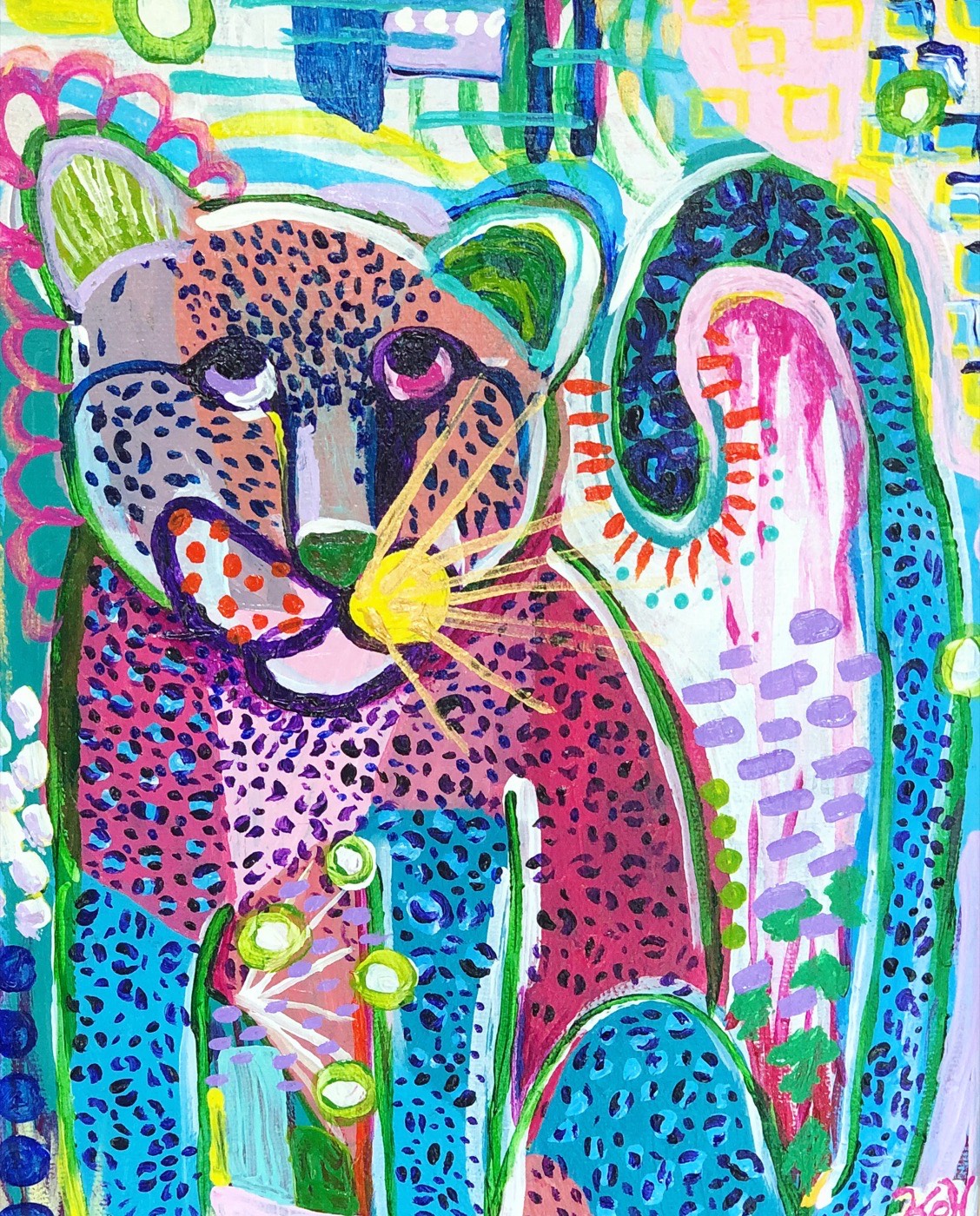 Painting of a spotted big cat in pink, blue and green
