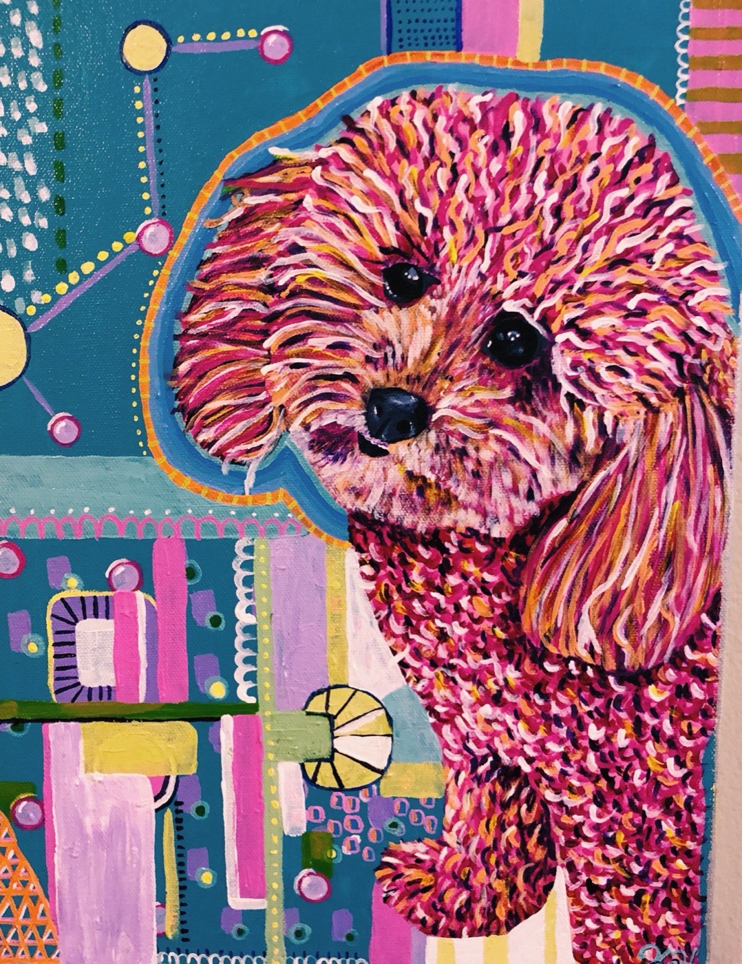 Painting of a pink poodle against teal and pink patterns