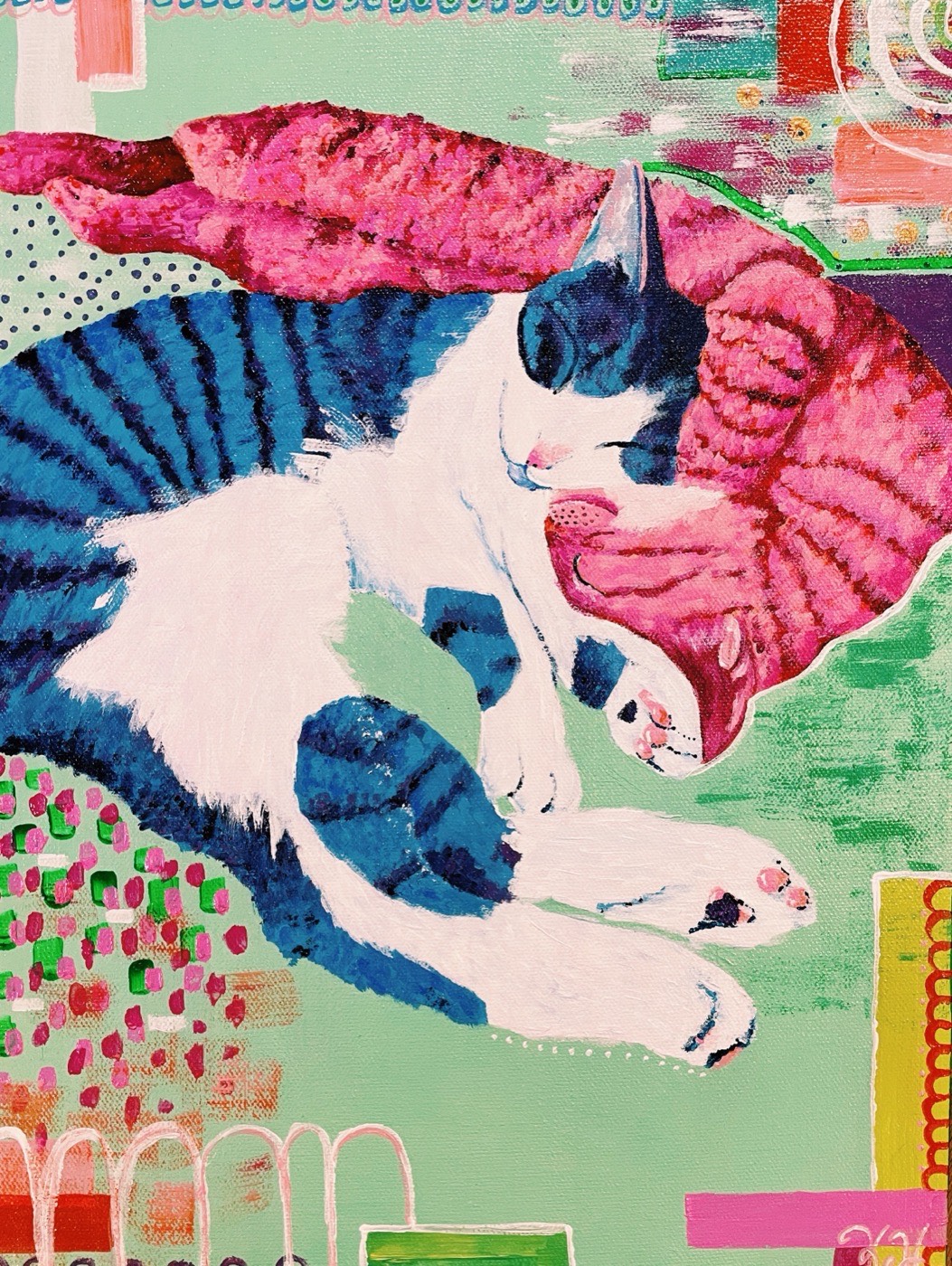 Painting of a blue and white cat asleep on a pink blanket
