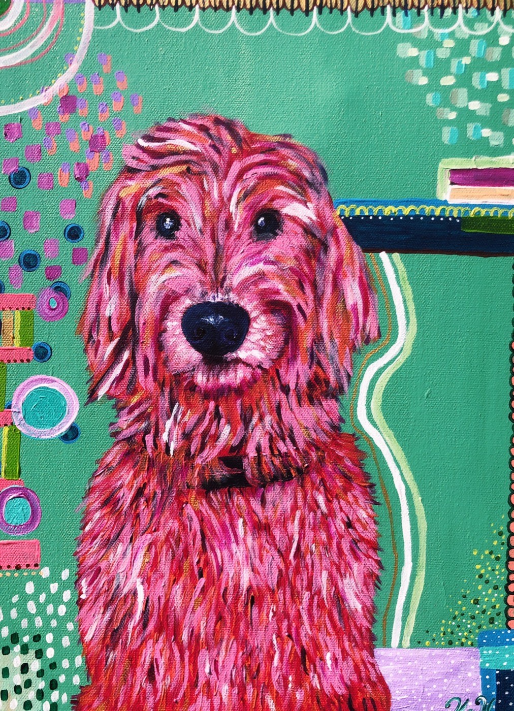 Painting of a pink doodle on a green patterned background