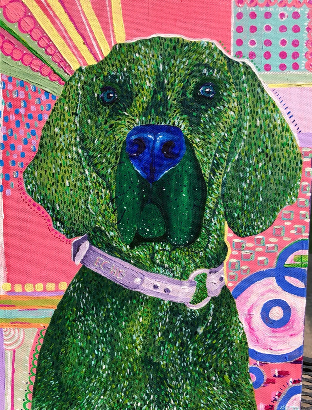 Painting of a green dog with a lilac collar