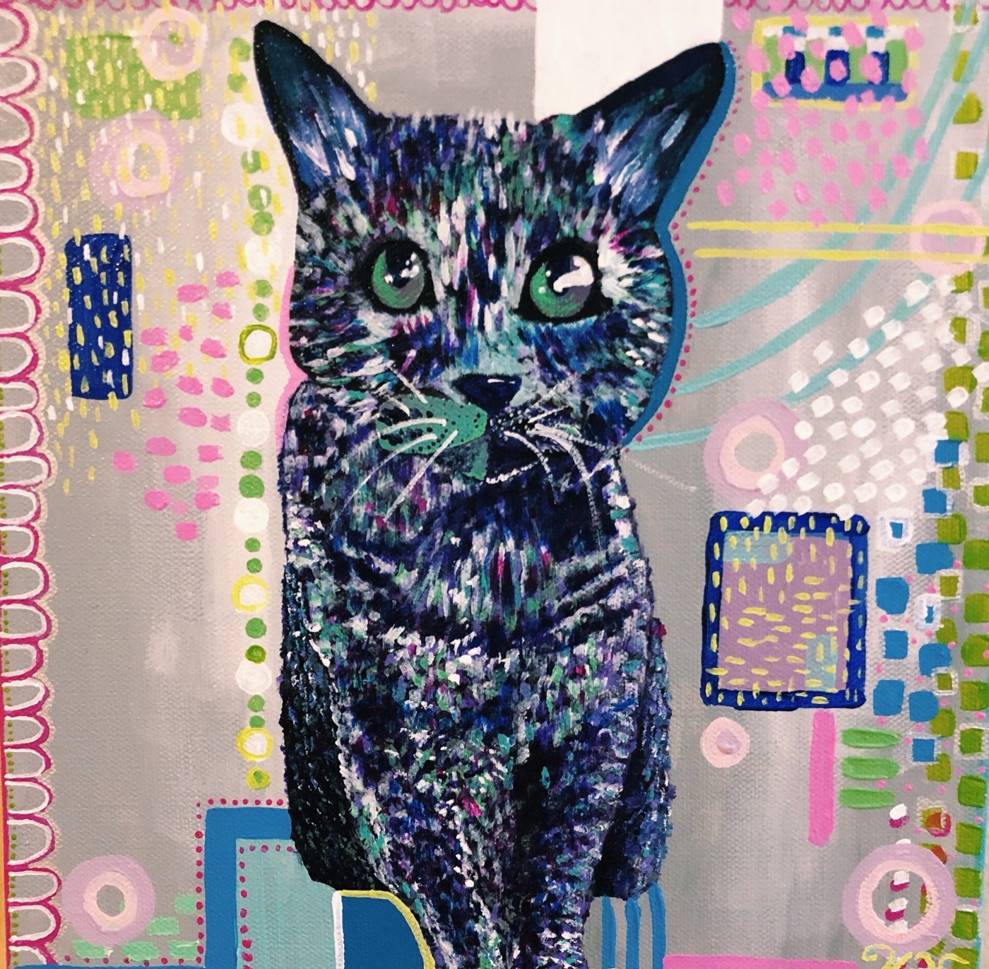 Painting of a grey cat on a pastel patterned background