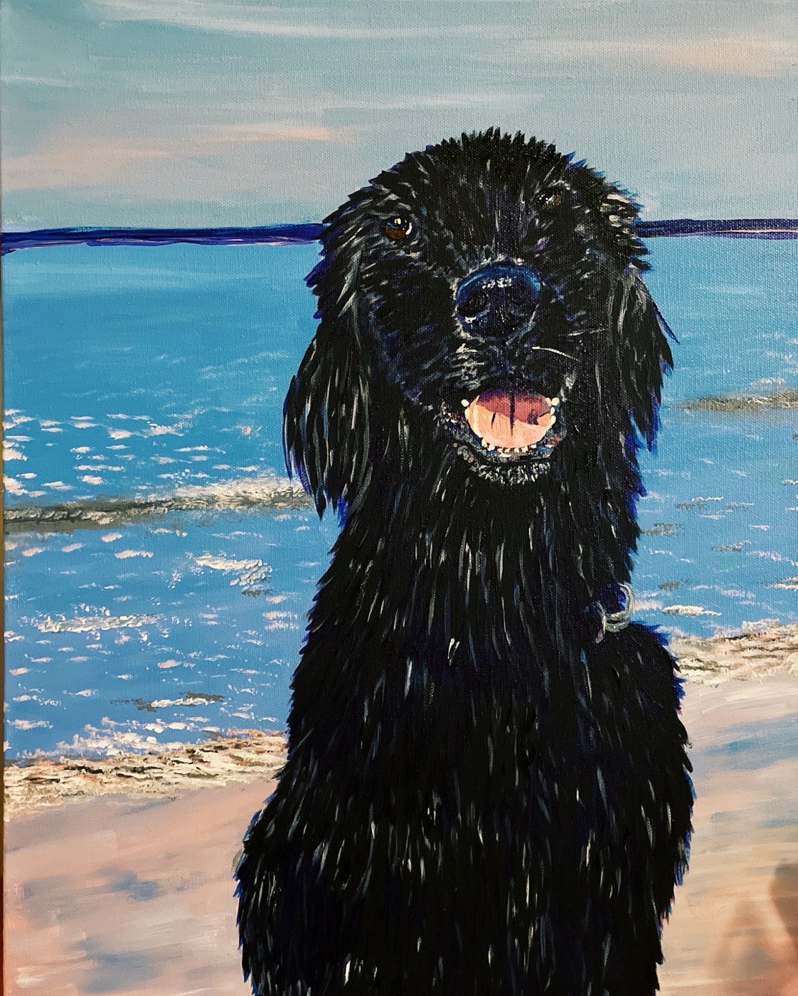 Painting of a black dog on a beach
