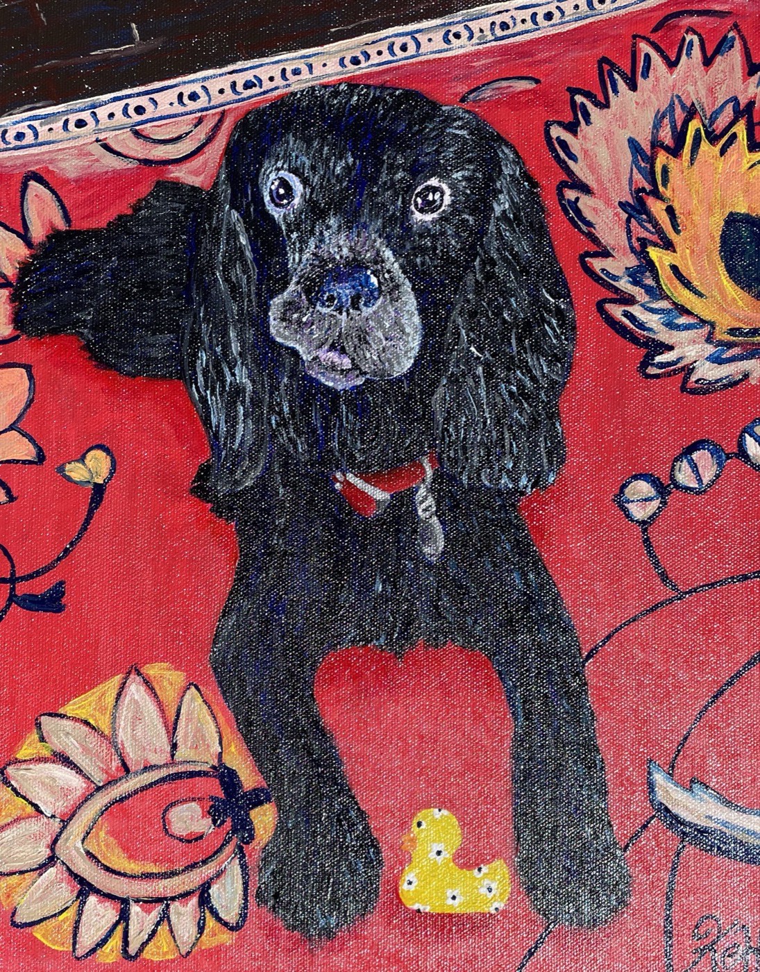 Painting of a black spaniel lying on a red patterned rug