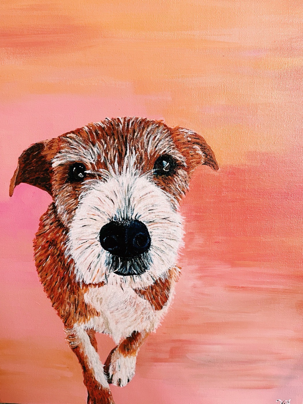 Painting of a terrier walking forward on a pink background