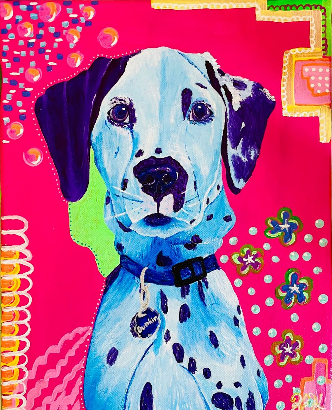 Painting of a blue Dalmatian on hot pink with flowers and dots