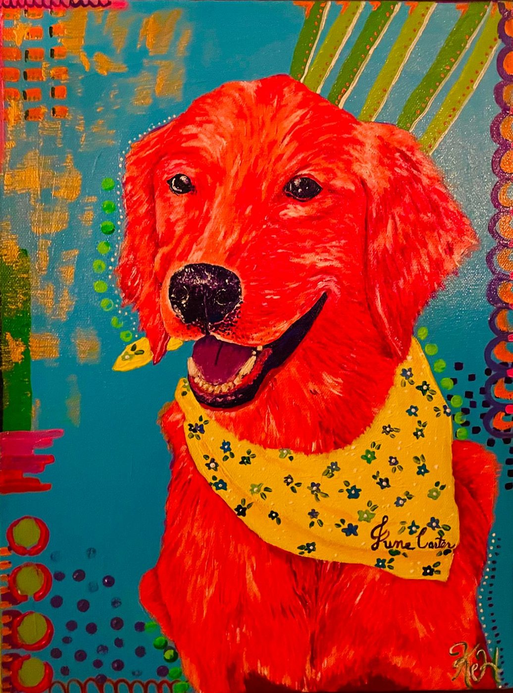 Painting of a red golden retriever in a yellow flowered bandana on turquoise