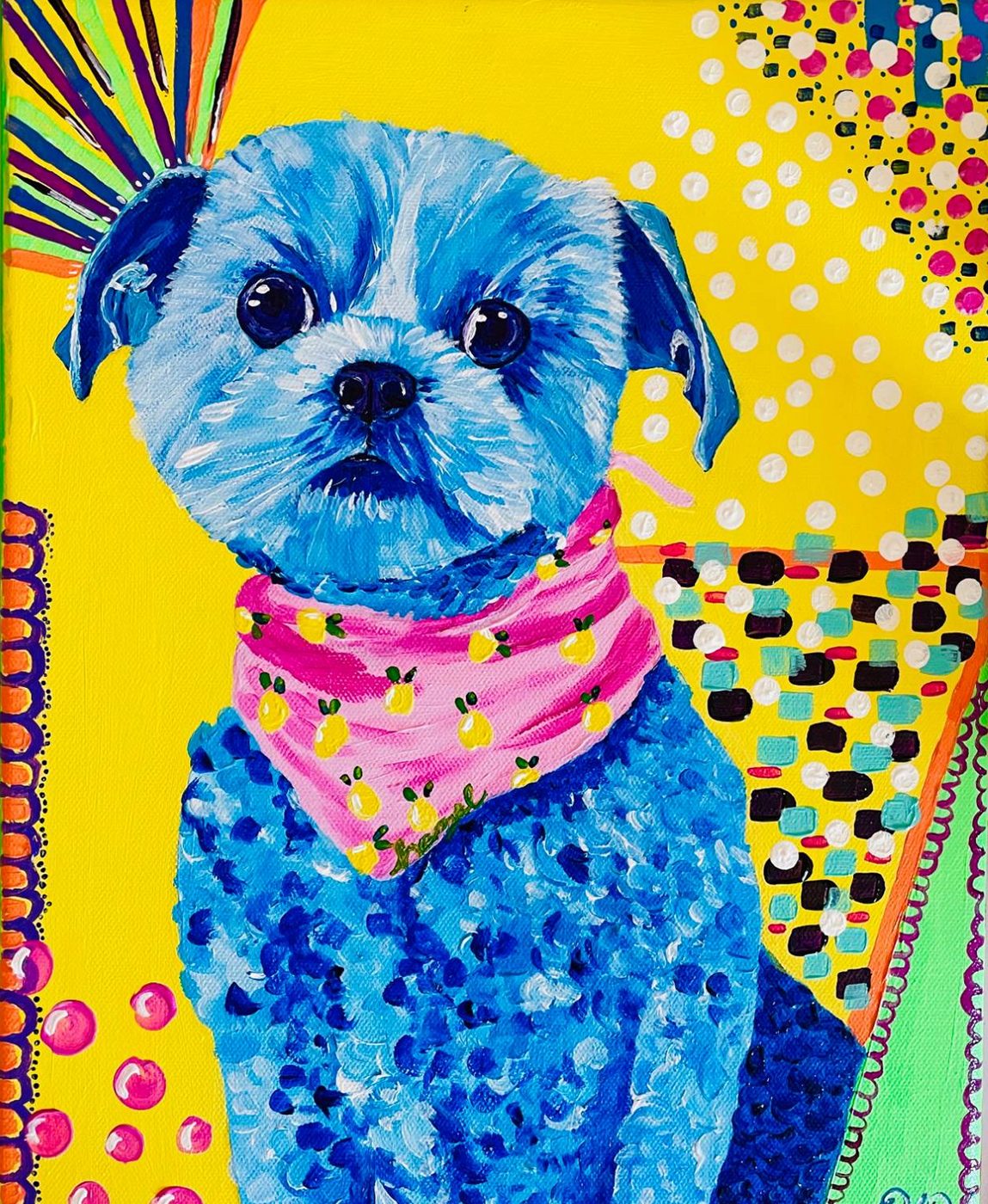 Painting of a blue puppy in a pink bandana on bright yellow