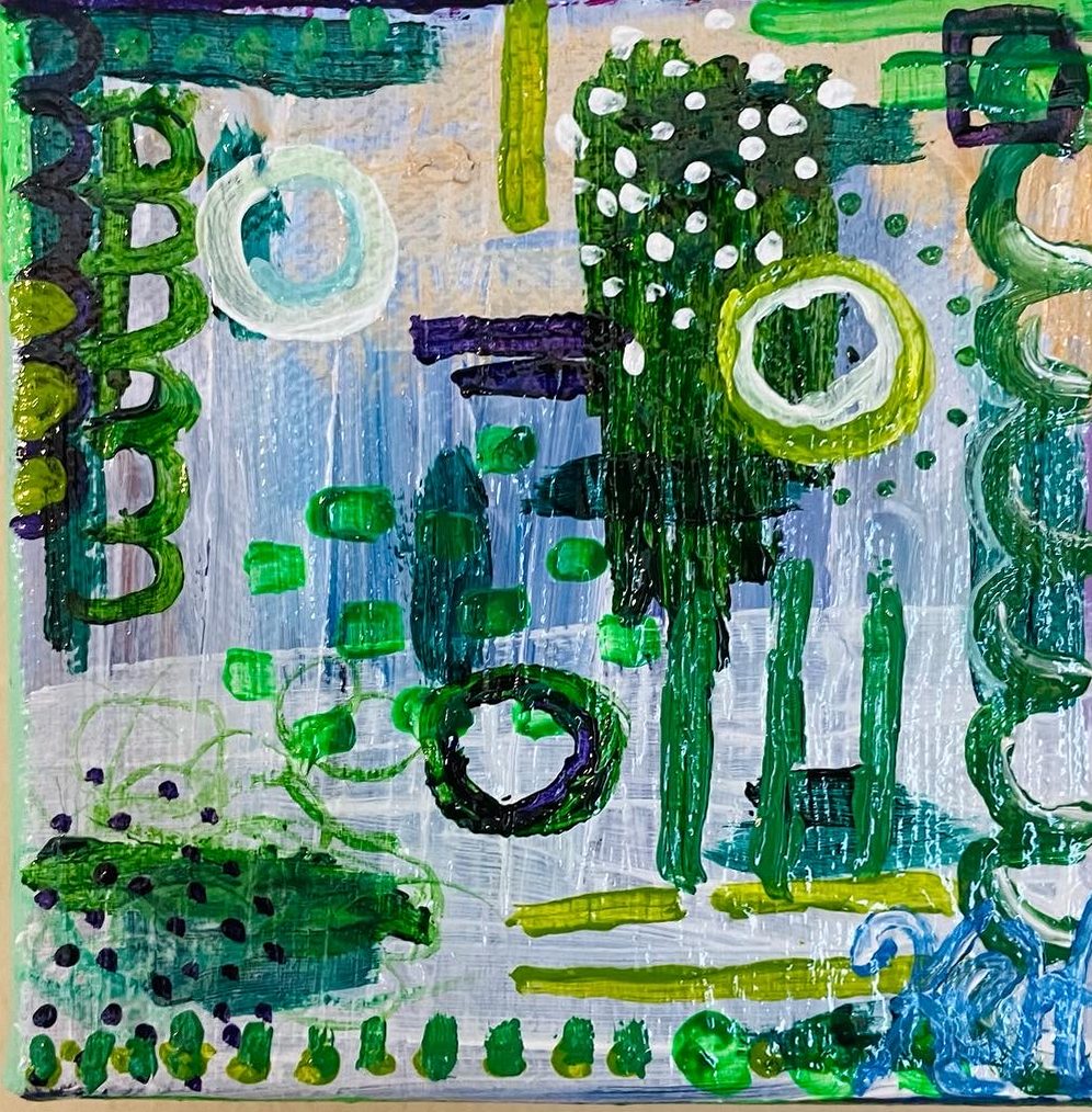 Small abstract painting in greens with circles and dots