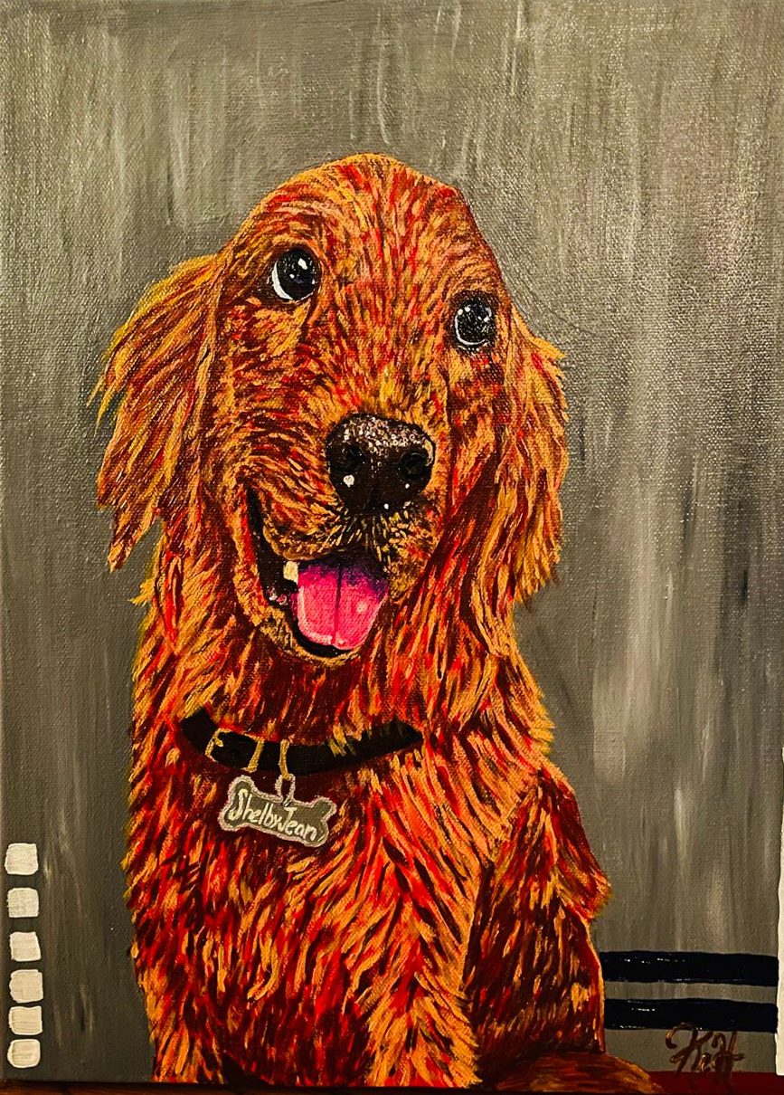 Painting of a golden retriever with a name tag on grey
