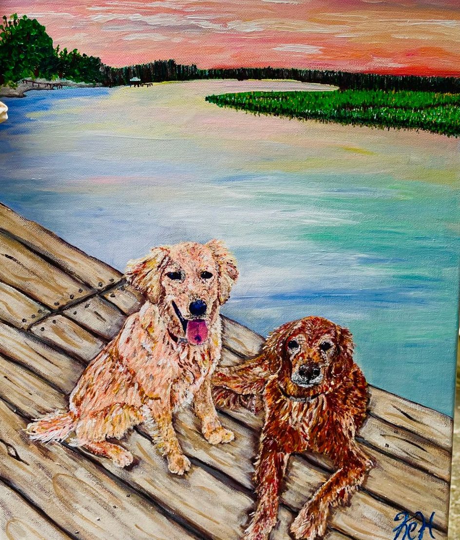Painting of two golden retrievers on a dock by a lake at sunset
