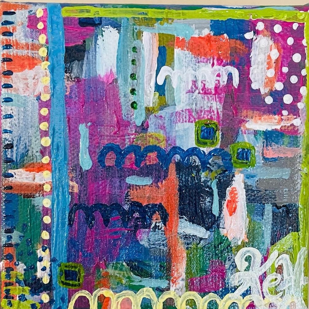 Small abstract painting in purple, orange and blue with loops and dots