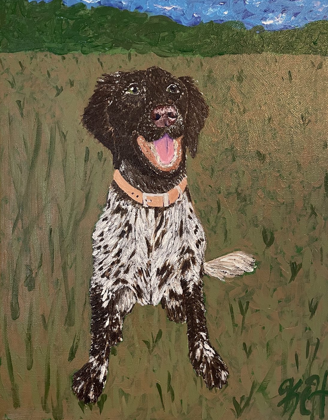 Painting of a spotted brown dog with an orange collar in a grassy field