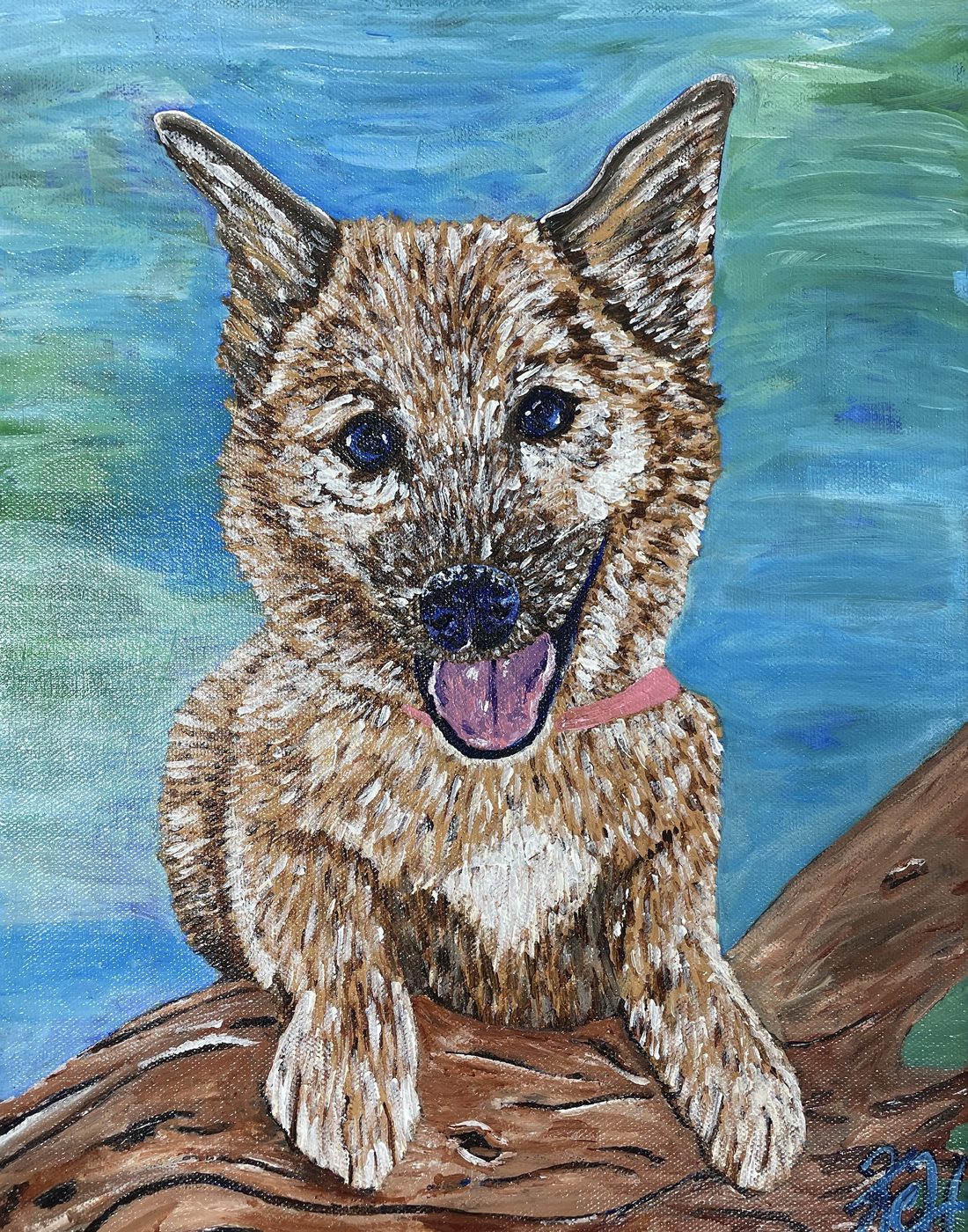 Painting of a tan puppy resting on a log against blue water