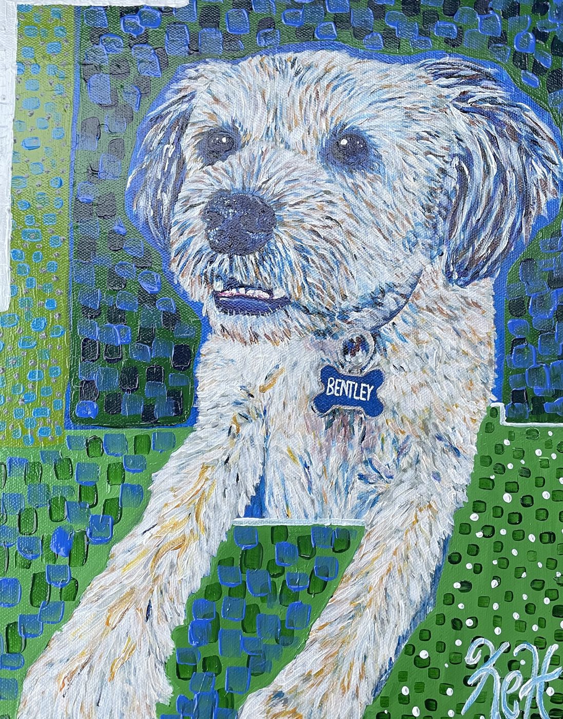 Painting of a white terrier named Bentley on a blue and green mosaic background
