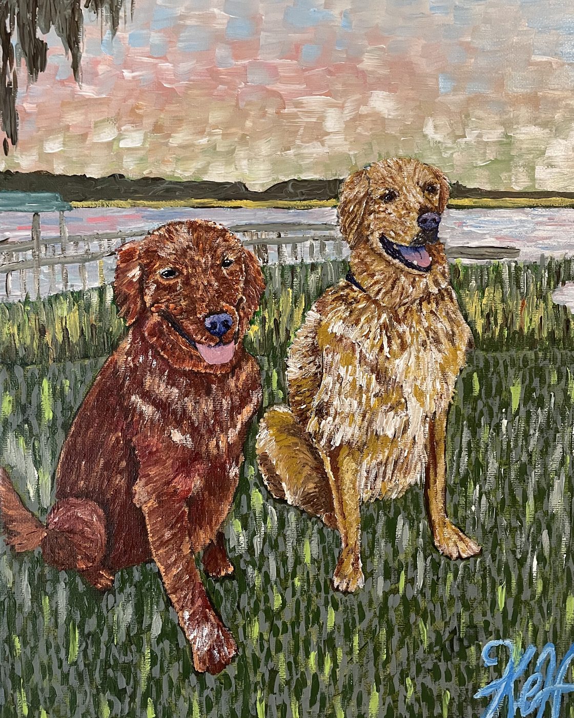 Painting of two golden retrievers sitting in marsh grass at sunset