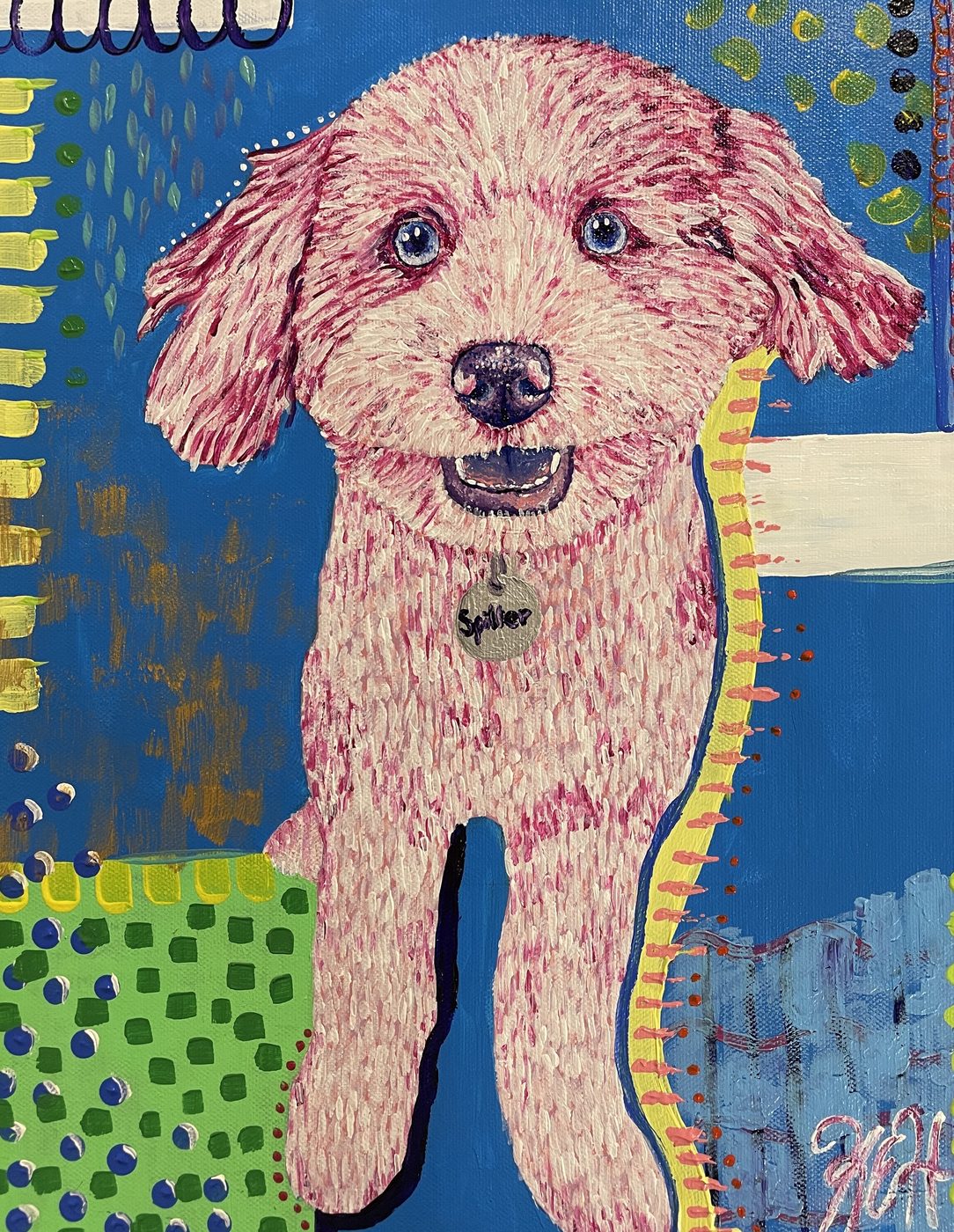 Painting of a pink puppy named Spiller on a bright blue patterned background