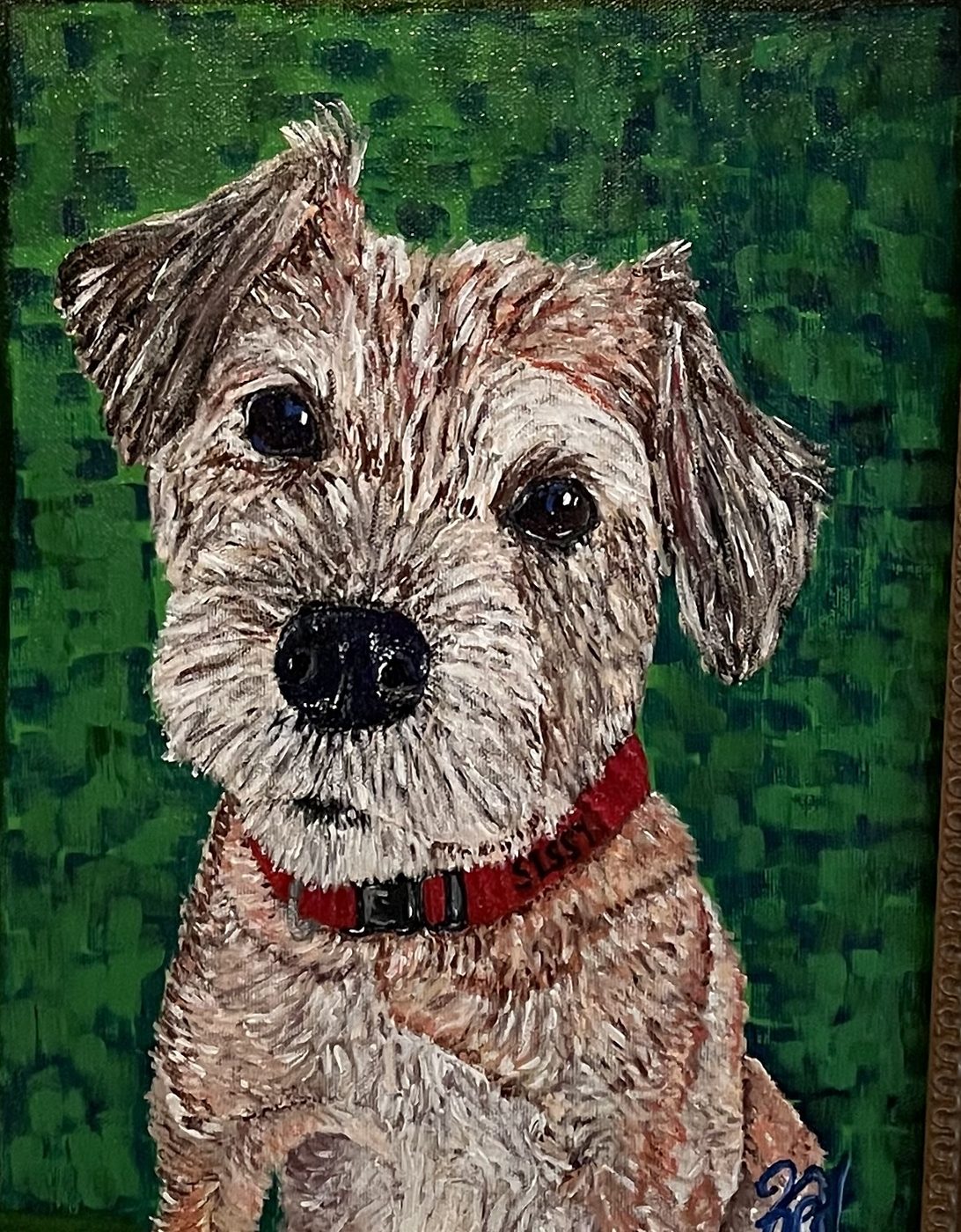 Painting of a scruffy terrier with a red collar on green